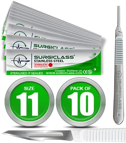 Surgical Scalpel Surgical Blades # 11 Stainless Steel Sterile Pack of 10 and Handle No 3 Perfect for wood art, Surgical, Sculpting, Repairs, Lab Anatomy, Sign, Card Making Lab Training SURGIGR11-10