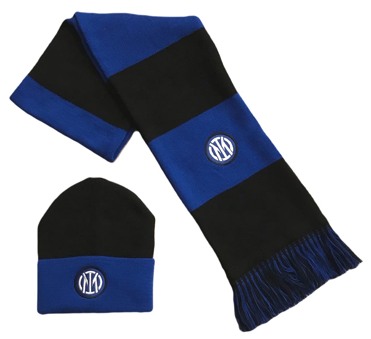 Set INTER Sciarpa + Cuffia Ufficiale Logo Nuovo 2021 Kit F.C. Internazionale Ricamato Invernale Tubolare Berretto Cappello Cappellino in acrilico SETINTFACNA