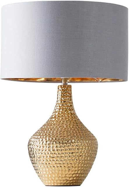 MiniSun Modern Metallic Gold Indent Textured Ceramic Table Lamp with a Grey/Gold Drum Shade