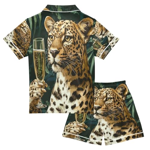 Satin Pajama Sets Short Sleeve Leopard Holding Glass Wine Button Down Silky Nightwear 2 Piece PJS 5-14Y2