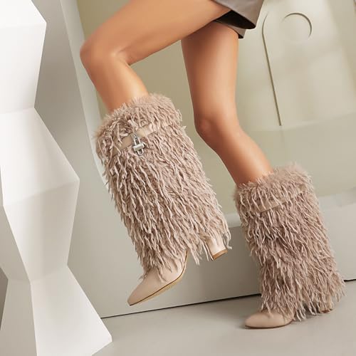 AIJIVOU Women Fold Over Faux Fur Mid Calf Boots Chunky Heel Point Toe Shark Boot Fashion Pull On Short Booties with Padlock4