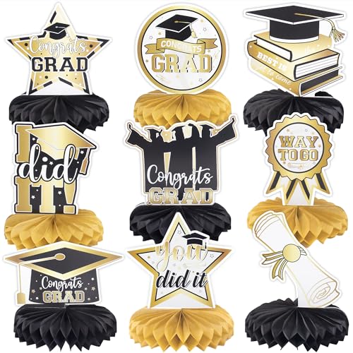 Image of Graduation Party Decorations Class of 2025 Honeycomb Centerpieces Congrats Grad Black Gold Table Toppers(9 PCS)