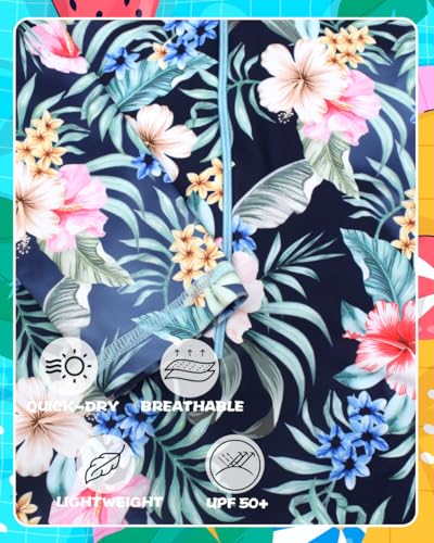 Image of Kids Girls Rash Guard Long Sleeve One Piece Swimsuits Zipper Bathing Suits UPF 50+ Tropical Plant Flowers Ages 3-12
