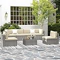 May in Color 7 Pieces Outdoor Patio Furniture Sets with Glass Tea Table, PE Rattan Wicker Patio Conversation Set with Washable Cushions, Outdoor Patio Sectional Sofa Couch, Beige