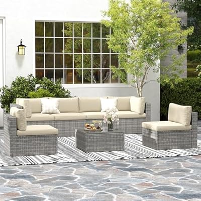 May in Color 7 Pieces Outdoor Patio Furniture Sets with Glass Tea Table, PE Rattan Wicker Patio Conversation Set with Washable Cushions, Outdoor Patio Sectional Sofa Couch, Beige