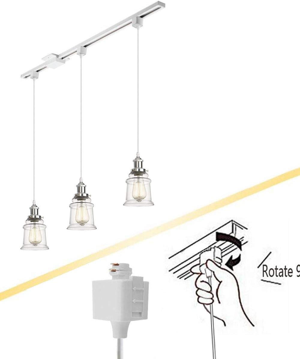 Kiven 3-Lights H-Type Track Lighting Kitchen Pendant Light - Dimmable Track Pendant Lighting Fixtures, Chrome Finish Sockets and Clear Glass Shades (Overall Heigth Approximately 47.24 Inches)