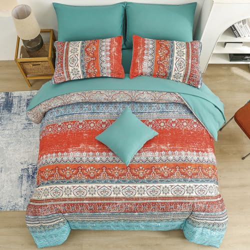 Image of Cottolester Boho King Size Comforter Set 8 Pieces,Terracotta Comforter Bohemian Striped Bed in A Bag, Soft Microfiber Bedding Set for All Seasons