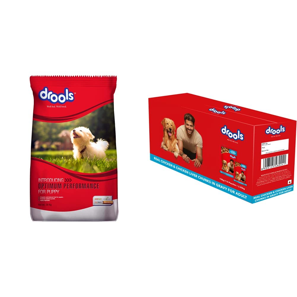 Drools Optimum Performance Puppy Dry Dog Food, Chicken Flavor, 20kg&Drools Adult Wet Dog Food, Real Chicken and Chicken Liver Chunks in Gravy, 15 Pouches (15 x 150g) (B0BP5KS5NM) Amazon Price History, Amazon Price Tracker