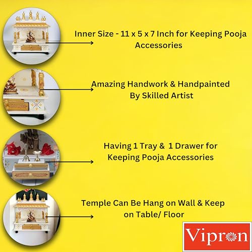 Image of Hindu Hand Crafted Wooden Puja Mandir with Drawer Religious Home Decor Wood Art and Craft Temple for Home /Office