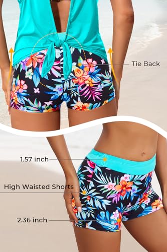Image of 3 Piece Swimsuits Open Tie Back Tankini Top And Athletic Swim Shorts | Supportive Strappy Swim Bra, Adjustable Straps, Removable Pads, Tummy Control Boyshorts, Quick Dry Fabric, XXS-20 Plus