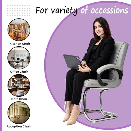 Image of GOYALSON Home Exclusive Visitor Study Reception Chair with Arm Rest and Heavy Frame with Cushioned Seat Back Chair (1, Grey, Double Pipe Chrome Frame)