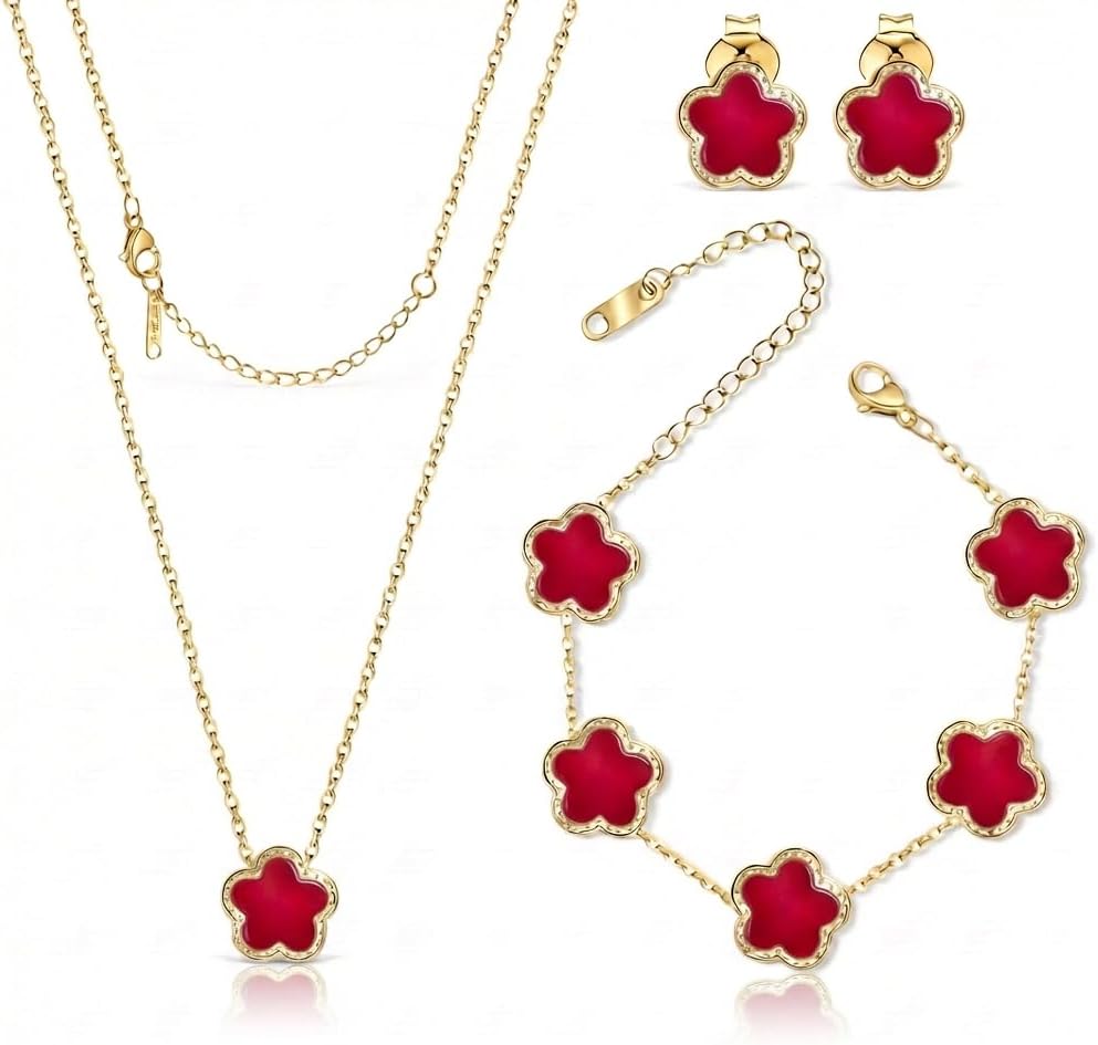 SHINYY Five Leaf Clover Jewelry Set for Women | 18K Gold Plated Bracelet Necklace Earrings | 5 Leaf Lucky Pendant and Ear Studs for Her