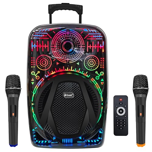 Image of Target 1202 Plus 12-inch Driver Portable Karaoke Trolley Speaker with Wireless Microphones, 300W Bluetooth Trolley Speaker, RGB Light Show, Rechargeable Battery, USB /AUX /TF Card Support, TWS Function,