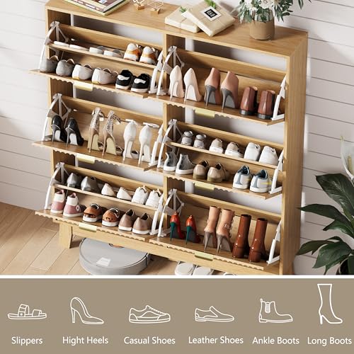 Image of HUANLEGO Shoe Cabinet Storage for Entryway with 6 Flip Drawers, Fluted Narrow Shoe Organizer with Wooden Legs, Freestanding Slim Shoe Storage Hidden Shoe Rack Organizer for Front Door Entrance, Oak