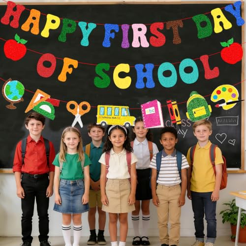 Image of Pre-Strung Happy First Day Of School Banner Decorations, Glitter Back To School Garland for Kindergarten Classroom Bulletin Home Office PreK Teacher Students Party Photo Backdrop Blackboard Decor