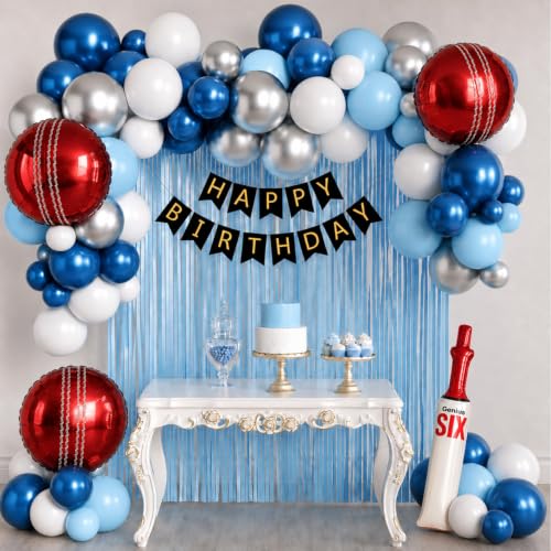 Image of Cricket Theme Birthday Decoration Kit Pack of 46 Pcs for Boys & Kids Bat and Ball Foil Balloons Birthday Party Decoration