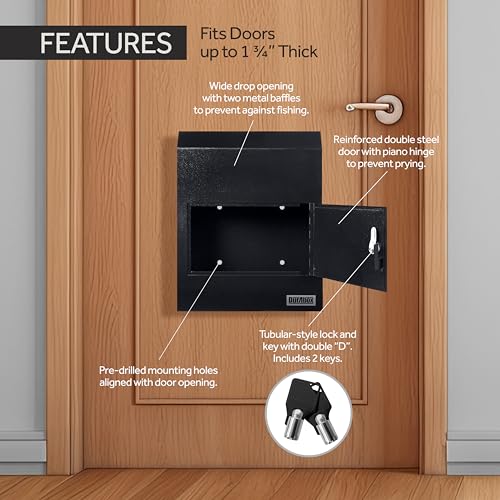 Image of Durabox Through-the-Door Drop Box Deposit Safe 12 x 6 x 15 inch - Heavy Duty Steel Mailbox with Lock for Receiving Mail, Checks, Letters, Cash and more for Home, Office and Commercial Use (D500) (Black)