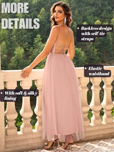 Image of ShawGobow Tulle Prom Dress with Slit,Sequin Backless Long Flowy Dresses for Women,Sexy Sparkly Outfits Homecoming Wedding