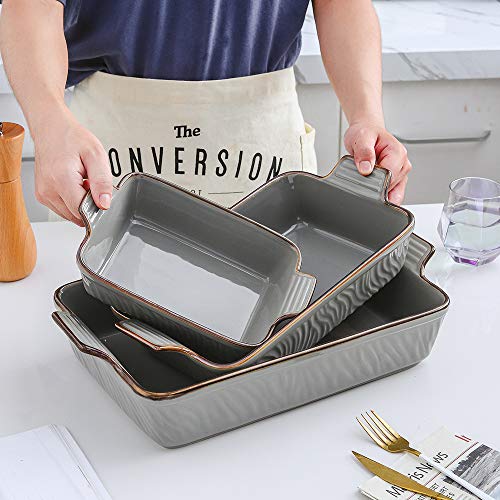 Koov Bakeware Set, Ceramic Baking Dish Set, Rectangular Casserole Dish Set, Lasagna Pans For Cooking, Cake Dinner, Kitchen, 9 X 13 Inches, Texture Series 3-Piece (3 Piece, Dark Blue) #TOP3