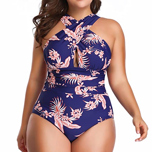 W You Di An Women's Swimsuits Plus Size One Piece Tummy Control Ruched Full Lined Swimsuit Front Cross Backless Bathing Suit #TOP3