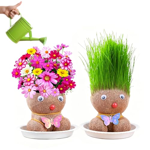 poraceous 2 Piezas Planta De Muñeca con Cabeza De Hierba En Crecimiento, Divertida Maceta De Cabeza De Muñeca, Crecimiento Pelo con Cabezas Hierba, Grass Head Doll, Mini Bonsái en Macetas con Bandeja