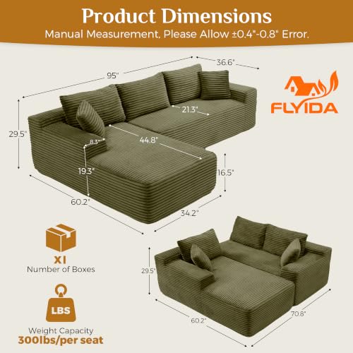 Image of 95 inch Boneless Cloud Sectional Couches for Living Room, Comfy Fluffy L Shaped Memory Foam Deep Seat Boneless Couch, Modular Sectional Sofa with Left Facing Chaise, Olive Green