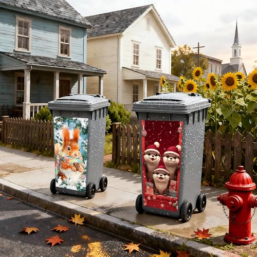 Image of 2 PC Trash Can Sticker 14.57 x 32.28 Inch Cute Otter and Squirrel Christmas Design Vinyl Sticker with Santa Hat Pinecone Gift and Snowflake Pattern for Outdoor Garbage Bin Yard Decor