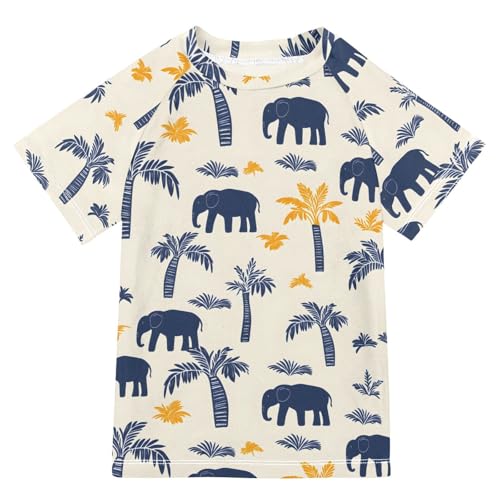 ALAZA Boys Swim Shirts Toddler Rash Guard Short Sleeve Rashguard Palm Trees Elephants UPF 50+ 11-12T