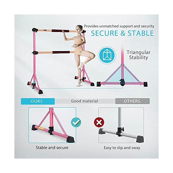 VIVOHOME Portable Anti-Slip 4ft Adjustable Ballet Barre Bar with Beechwood, EVA Pad for Home Gym Double Stretching Freestanding Dance Equipment 330LBS Capacity Stable Pink