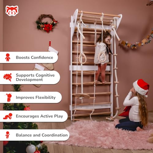 Wood And Hearts Kids Swedish Ladder Wall Gym for Indoor Active Play - Adjustable Pull-Up Bar, Rope Ladder, Gymnastics Rings, Swing & Climbing Rope, 5in1 Gym Set for Ages 3-16 (75 Inch, White) - Image 6
