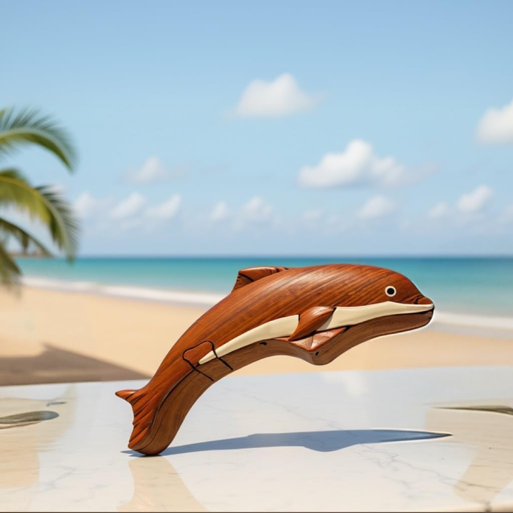 Dolphin Wooden Puzzle Box – Handcrafted Secret Compartment Keepsake, Exotic Natural Hardwood, Unique Jewelry or Trinket Storage