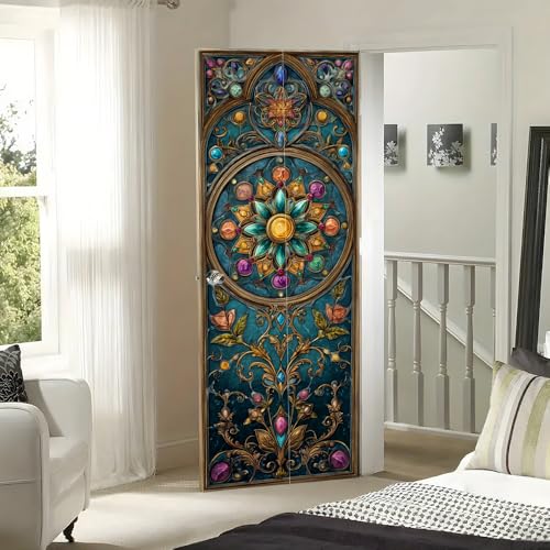 Door Sticker 30.31x78.74 Inch Jewel Tone Floral Mandala Panel Gold