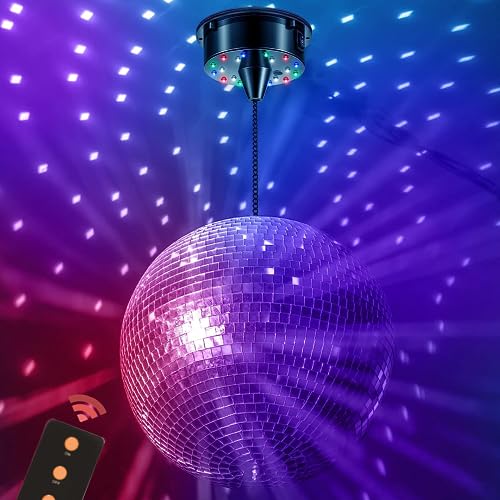 5RPM Electric Spinning Disco Ball Rotating Mirror Ball for Liven up a Party, 4.7In Rotating Disco Ball with 3-Keys Remote Control and with 18LED Light for Christmas Halloween Thanksgiving
