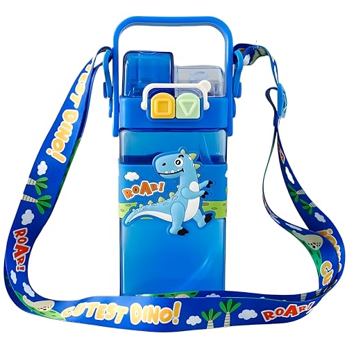 Image of Dino Kids Cartoon Water Bottle with Adjustable Strap, Leak-Proof Double Drinking Straw Cup, Portable Tumbler for School & Outdoor Fun - Pack of 1, Color May Vary