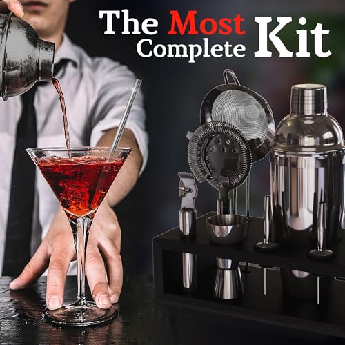 Image of Highball & Chaser Gun Metal Black Plated Bartender Kit with Espresso Bamboo Stand. Beautiful Cobbler Cocktail Shaker Set with Bar Tools Rustproof Stainless Steel Bar Set (Black)