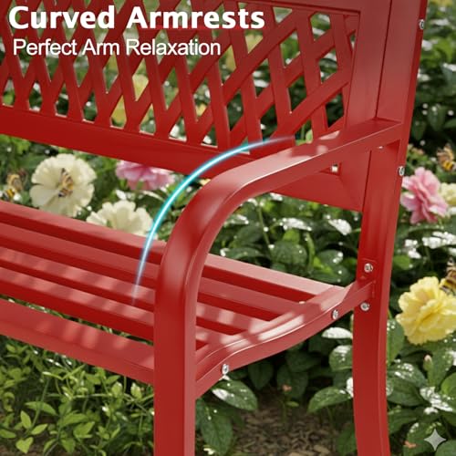 Image of VINGLI 47'' Outdoor Bench, Weather Resistant Garden Patio Bench Powder Coated Iron Frame w /PVC Mesh Backrest Slatted Seat, 2-Person Outdoor Furniture for Front Porch Entryway Park (Red)