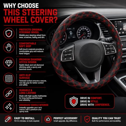 Image of Car Steering Wheel Cover for Car, Premium Leatherette Steering Cover, Anti-Slip Grip, Sweat Resistant, Comfortable Hold, Easy Install, Black-Red for Tata Punch