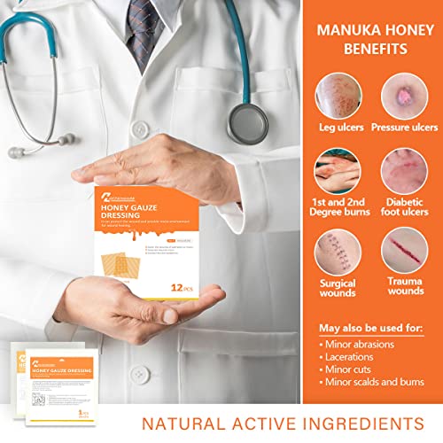 Manuka Honey Gauze Dressing 2" X 2" - Pack Of 12, 100% Medical Grade Honey Patches For Wound Care, Faster Healing For Burns, Abrasions, Lacerations, Scald And Cuts #TOP1