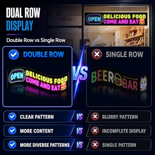 Image of Rayhome Full Color Dual Row Programmable LED Sign, 33''x6.3'' Flexible P5 USB Bluetooth APP Control LED Signs Custom Text Message Pattern Scrolling LED Display for Store Bar Hotel School.