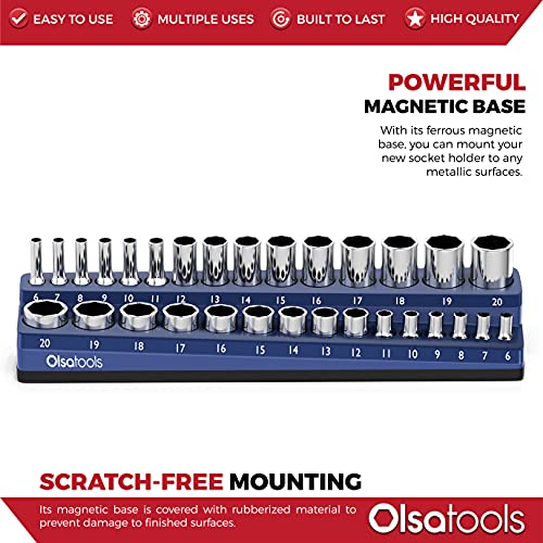 Image of Olsa Tools Magnetic Socket Organizer - 3 /8-Inch Drive Metric Socket Holder with Strong Magnets - Professional Tool Holder and Organizer - Stores up to 30 Sockets - Blue - Part: 1073