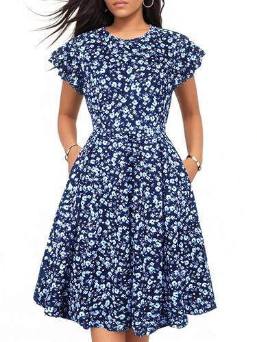 Image of oxiuly Women's Flounce Sleeve Wedding Church Vintage Dresses Casual Floral Party Cocktail Work Dress with Pockets Fei376