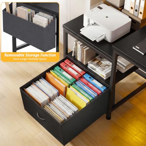 Image of EnHomee 56.5 inch Office Desk with Drawers & Printer Space for Home Work,Black | Computer Desk with 3 AC Outlets& 2 USB Ports,40 inch*7 inch Long Monitor Stand,Side Pockets with Storage Space,Home Office,Bedroom