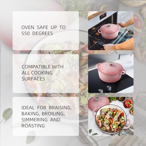 Image of 3 Quart Dutch Oven Enameled Cast Iron with Lid - Big Dual Handles - Oven Safe up to 500F - Classic Round Pot for Versatile Cooking Pink