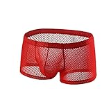 Ctreela Sexy Lingerie for Men Mesh See-Through Boxer Brief Fishnet Underwear Booty Shorts Solid Dual Pouch Underpants Red