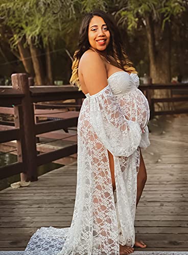 Saslax Lace Off Shoulder Doubly Split A-Line Skirt Maternity Dress Soft Stretchy Pregnancy Prop Maxi Gown For Photoshoot White Small #TOP1