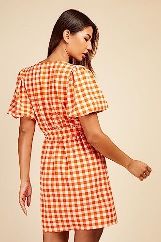 Little Mistress Orange Gingham Puff Sleeve Mini Wrap Dress, 16 - Image 3