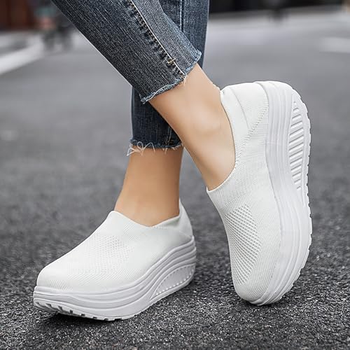 Image of Women's Knitted Platform Slip On Walking Sneakers,Comfort Lightweight Arch Support Non Slip Casual Mesh Breathable Workout Work Shoes