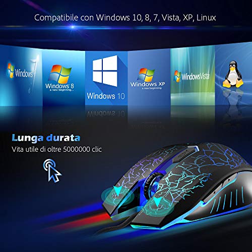 VersionTECH. Mouse da Gaming con Cavo, sensore Ottico Fino a 2400 DPI, 6 Tasti e Illuminazione a LED con 7 Colori