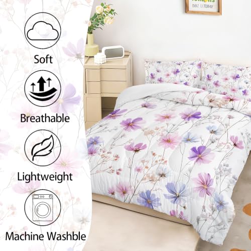 Image of AILONEN Delicate Floral Comforter Set Full Size, Lavender Stem Bedding Ensemble, Airy Blossom Bedspread Quilt with 2 Pillowcases for Teen Room