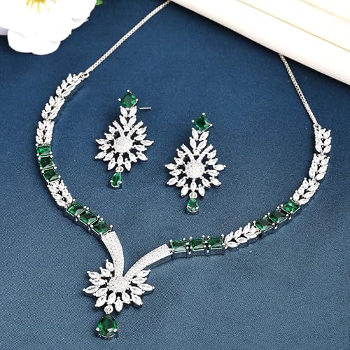 Image of ZENEME Rhodium Plated Brass Silver Toned Floral & Tear Drop Blue Crystal American Diamond Necklace With Earring Jewellery Set For Women
